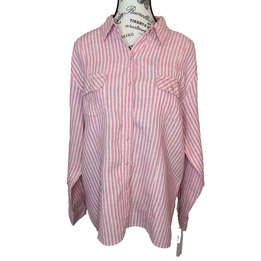 Chico’s Long Sleeve Linen Snap Front Blouse Size 2 (L-12) Pink & White Stripes